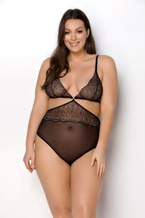 Боди Passion Amberly Body 6XL/7XL black, ассиметричный крой, кружевной лиф, золотая нить photo 1