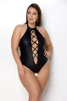 Боди из экокожи Passion Nancy Body 6XL/7XL black, с имитацией шнуровки и открытым доступом photo 1