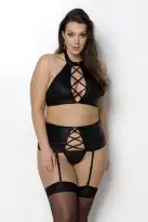 Комплект из экокожи Passion Nancy Set 6XL/7XL black, имитация шнуровки, топ, пояс для чулок photo 1