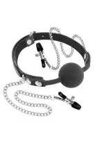 Кляп с силиконовым шариком и зажимами для сосков Fetish Tentation Gag Ball with Nipple Clamps photo 1